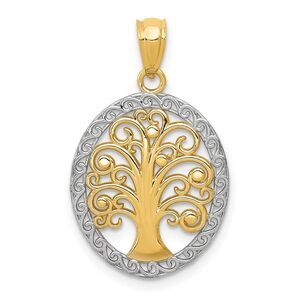 14k Yellow Gold & White Rhodium Oval Tree of Life Pendant, 16mm